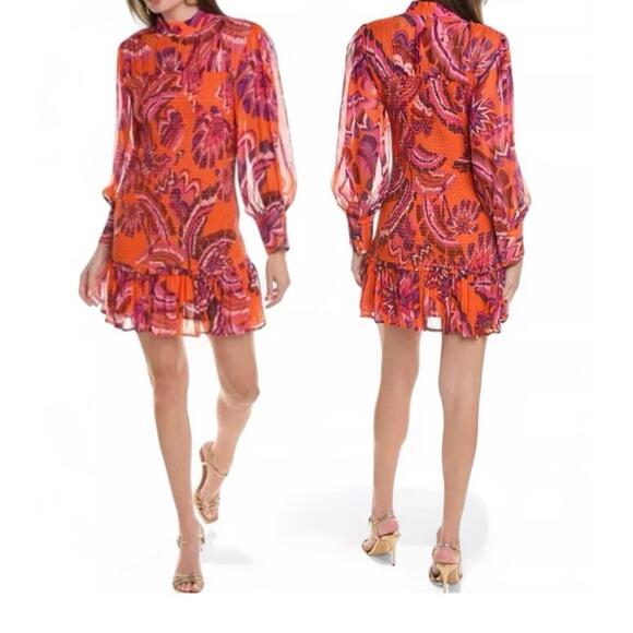 $255 NWT Farm Rio Chevron Forest Orange Mini Dress Size XS - Picture 2 of 7